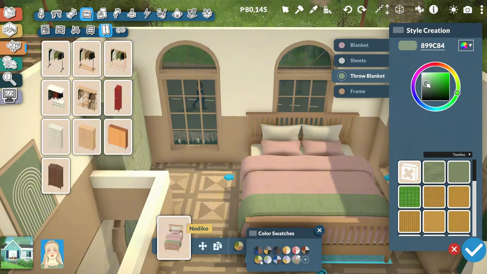 Style Creation recoloring a Paralives bedroom blanket green through the colour wheel, under arched windows in a warm wood-and-pink room.