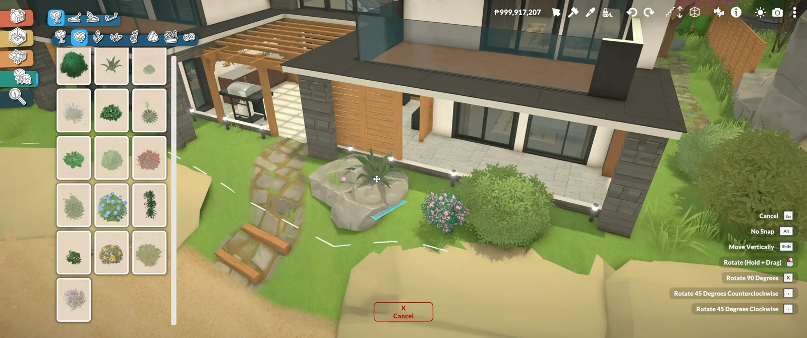 Paralives landscaping in progress as a large boulder is dropped onto the sand path, with the plant catalogue open along the beach side.