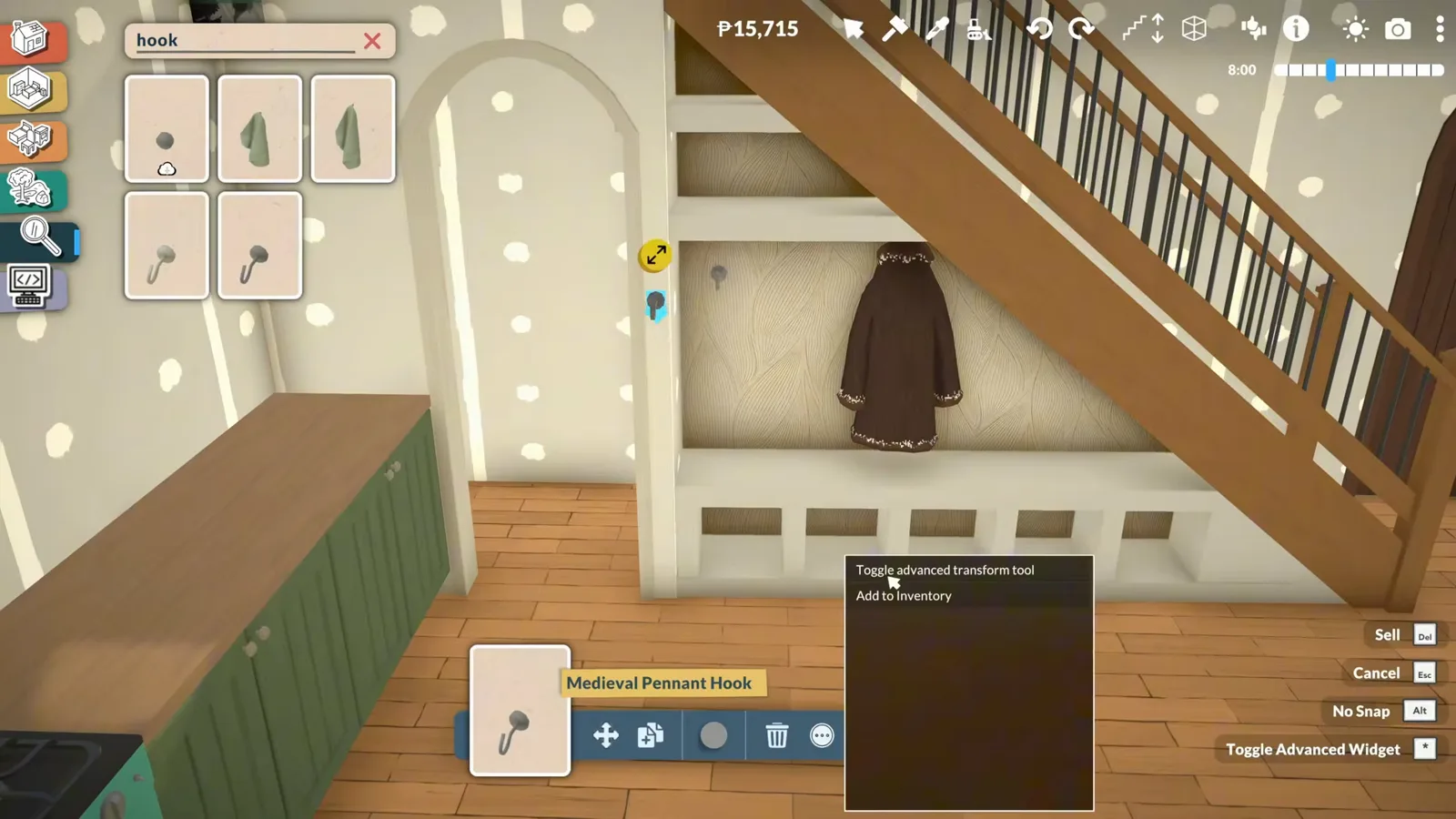 A Paralives entry nook tucked under the staircase, with a coat hook searched in the catalogue and shoe cubbies built into the risers.