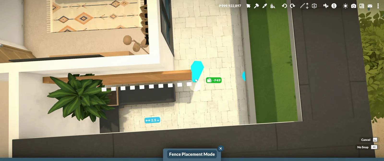 Fence Placement Mode previewing a low fence run around a Paralives roof terrace, with the segment price shown next to the planter.