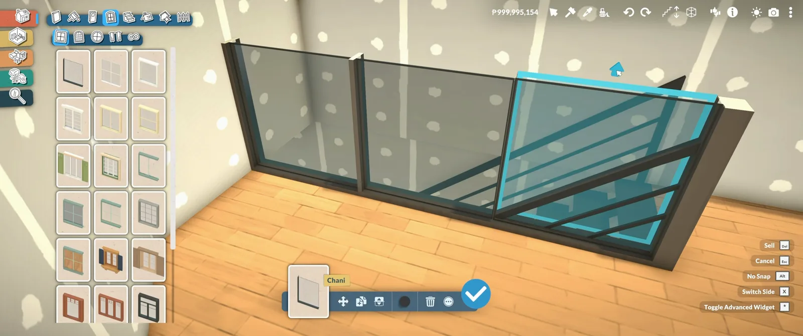 Full-height Paralives glass sliding doors being positioned on the garden side of the villa, with the door catalogue open and the pane highlighted cyan.