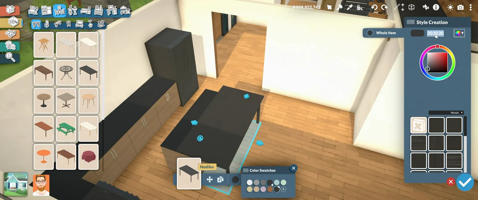 The Whole Item colour wheel in Style Creation darkening a Paralives kitchen island, with the dining table catalogue open beside it.