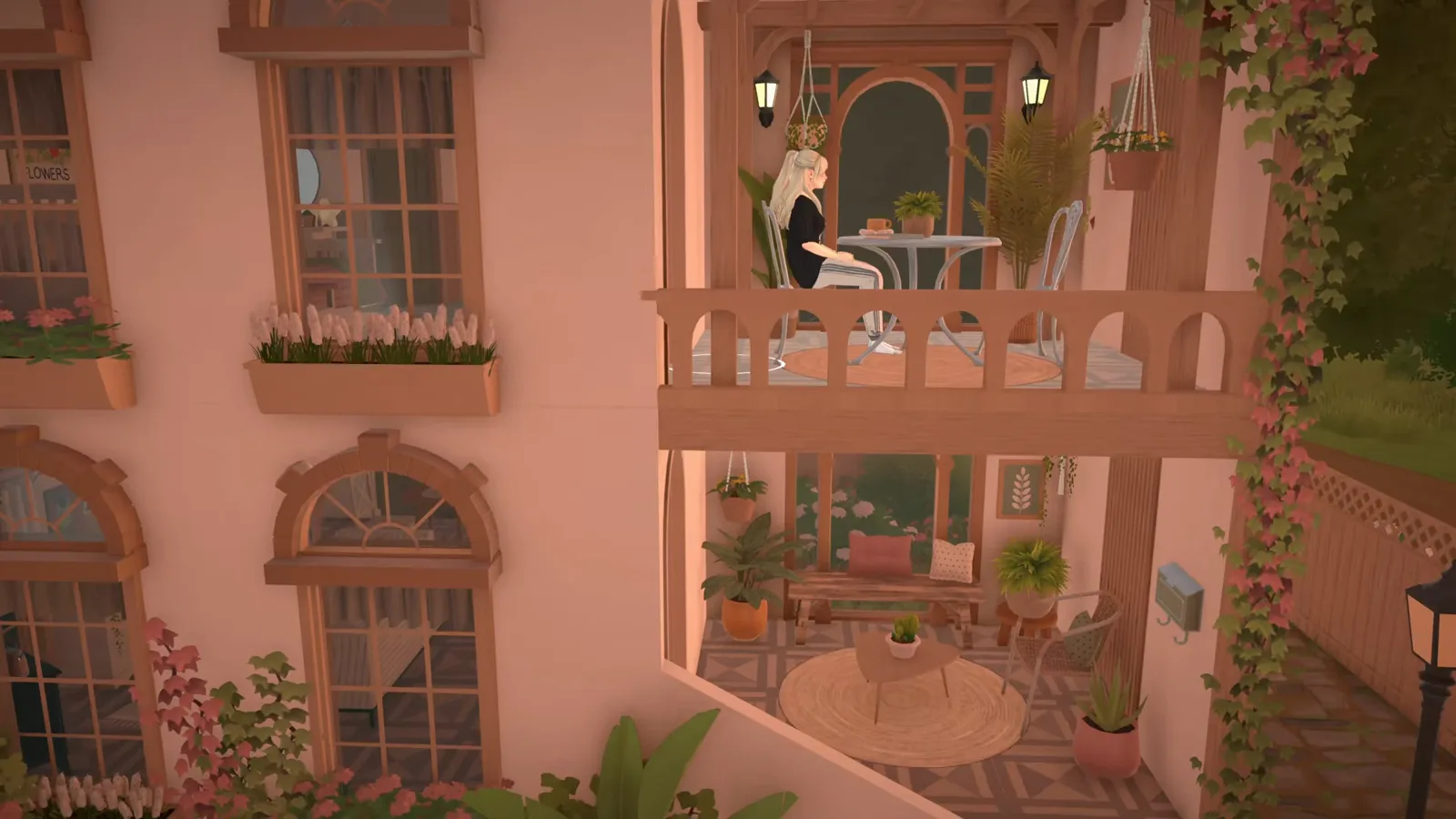 A household settling into a finished Paralives villa at golden hour, eating on the balcony terrace under a timber pergola.