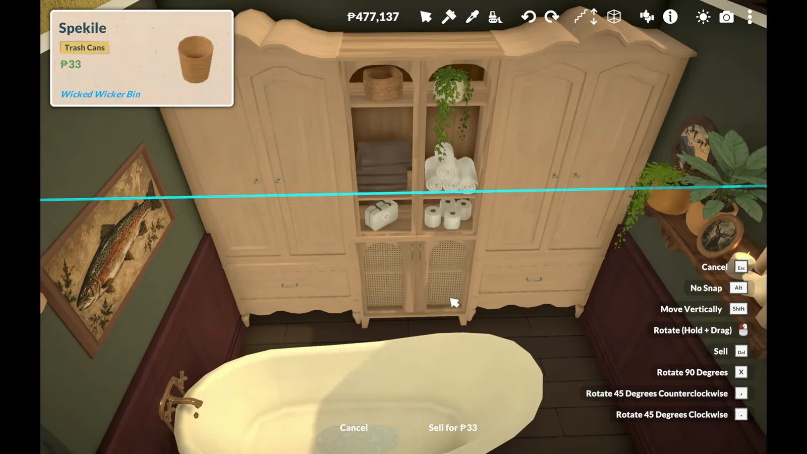 Cream wardrobe wall with display shelves and a plant topping a Paralives cabin bathroom corner beside the tub Cream wardrobe wall with display shelves and a plant topping a Paralives cabin bathroom corner beside the tub