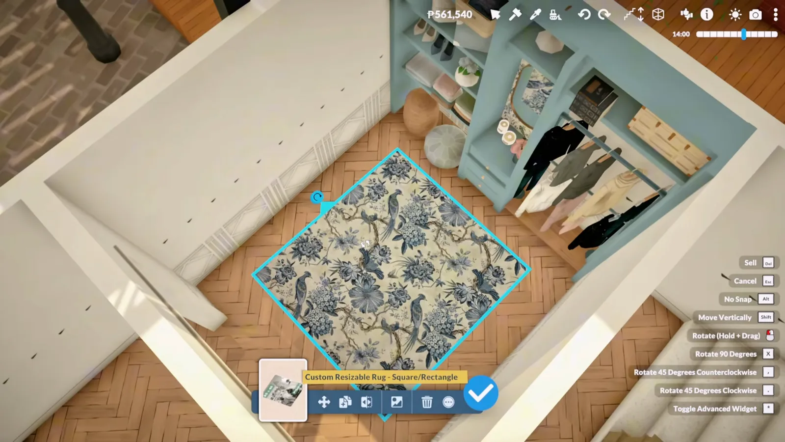 Top-down view of a vanity area inside a Paralives walk-in closet with a dressing table, stool and floral rug Top-down view of a vanity area inside a Paralives walk-in closet with a dressing table, stool and floral rug