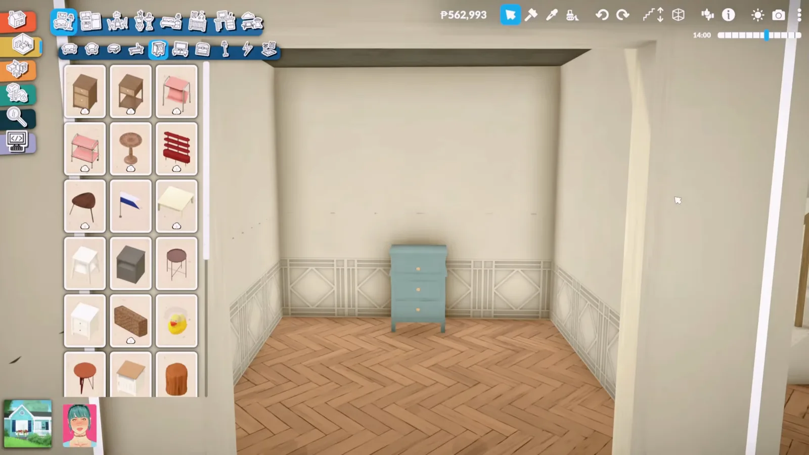 First blue cabinet unit placed against the back wall of an empty Paralives closet alcove with the storage catalogue open First blue cabinet unit placed against the back wall of an empty Paralives closet alcove with the storage catalogue open