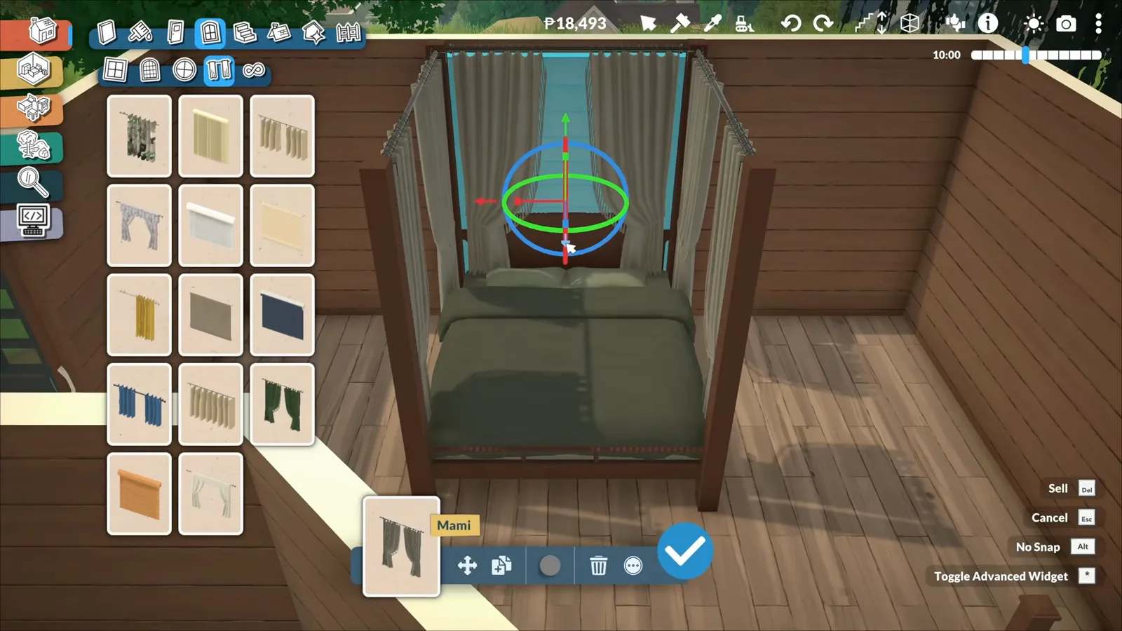 Four-poster bed with curtains being rotated in a Paralives attic bedroom while the curtain catalogue lists drape styles Four-poster bed with curtains being rotated in a Paralives attic bedroom while the curtain catalogue lists drape styles