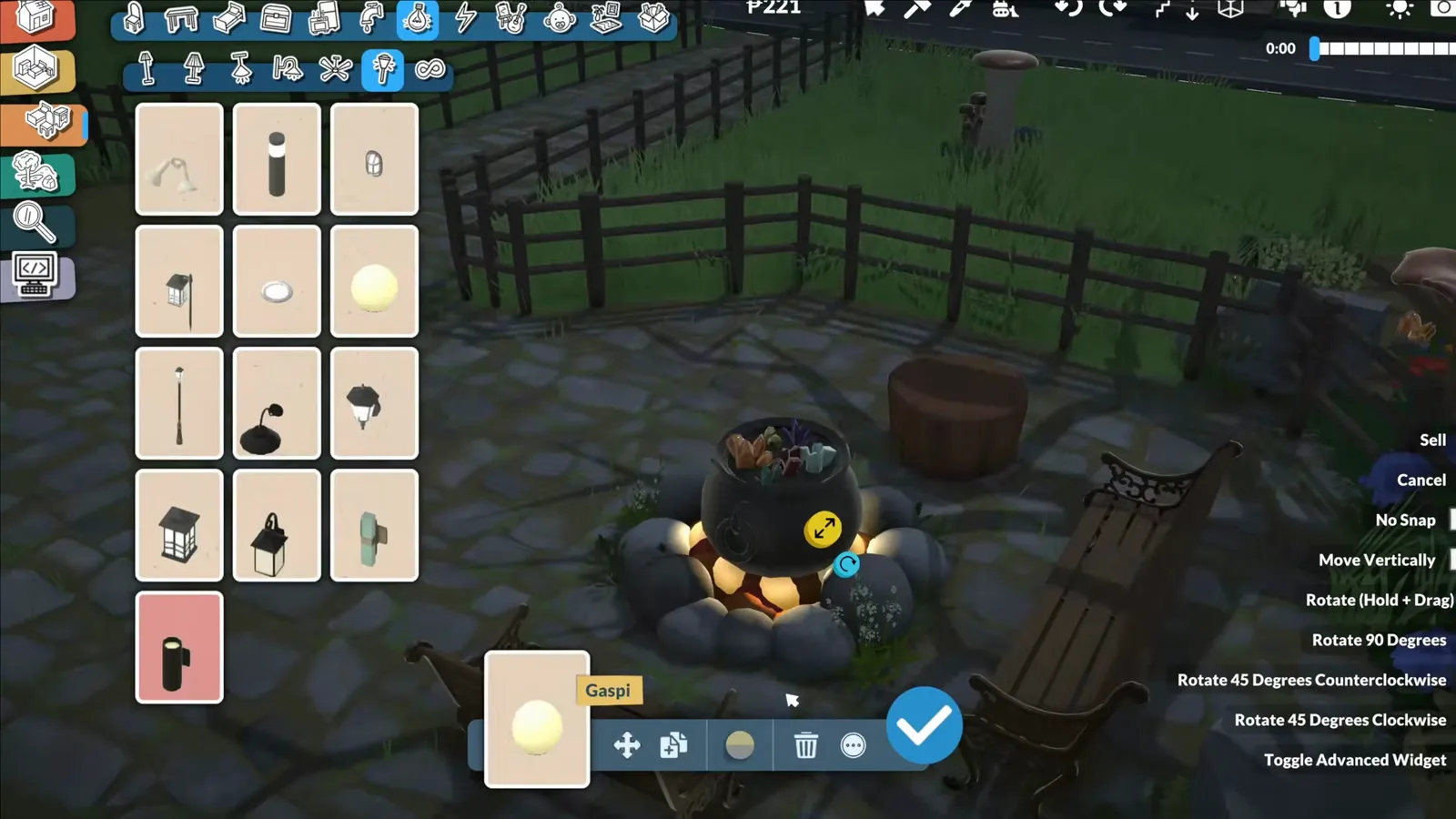 Paralives cauldron set on a ring of rocks glowing at night while the Gaspi lamp is placed for the ember effect Paralives cauldron set on a ring of rocks glowing at night while the Gaspi lamp is placed for the ember effect