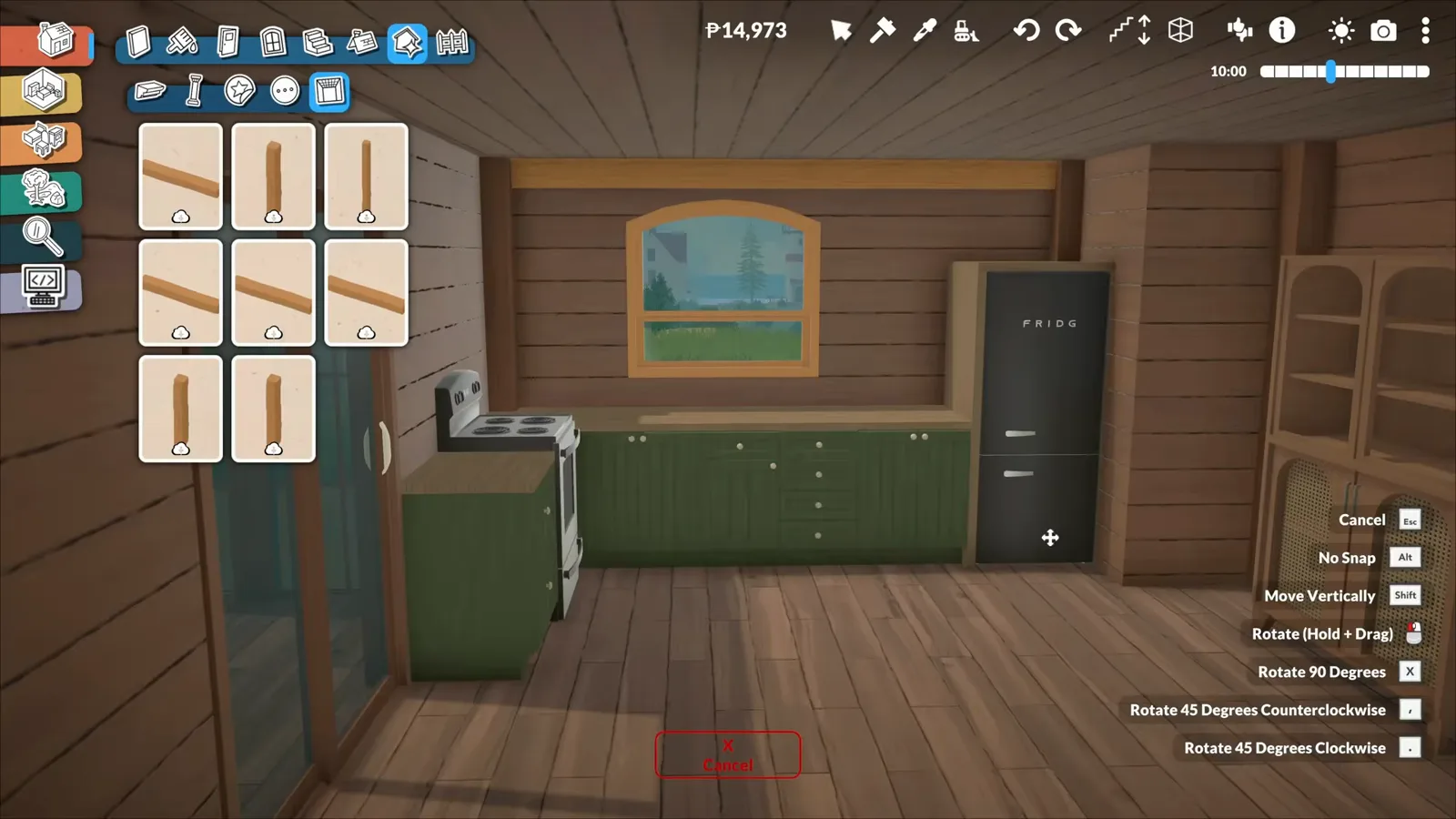 Timber beam pieces open in the Paralives catalogue inside a plank-walled kitchen with a dark green counter run and black fridge Timber beam pieces open in the Paralives catalogue inside a plank-walled kitchen with a dark green counter run and black fridge