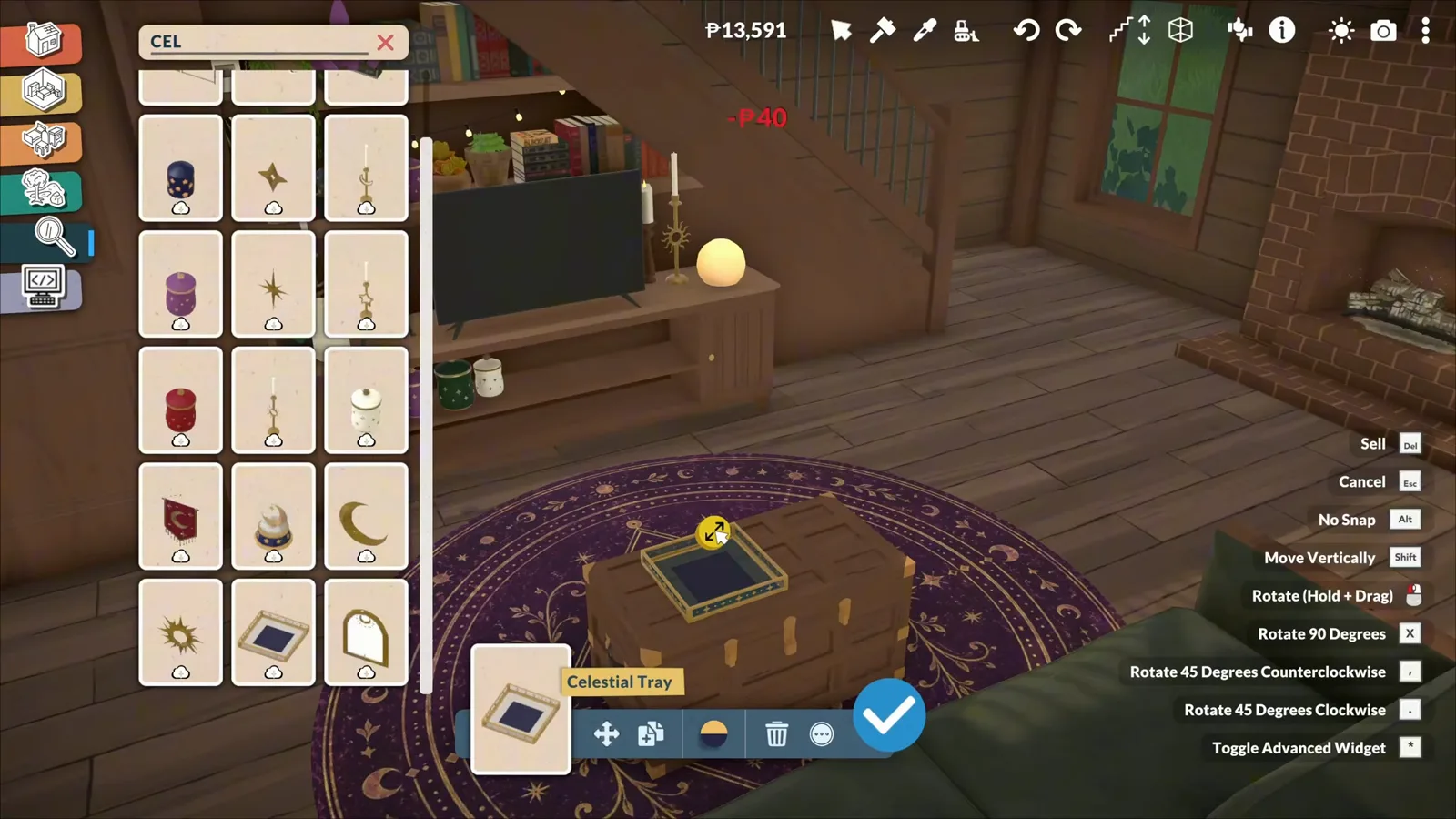 Celestial tray dropped onto a purple moon-phase rug in a Paralives living room with a green sofa, candles and a brick fireplace Celestial tray dropped onto a purple moon-phase rug in a Paralives living room with a green sofa, candles and a brick fireplace