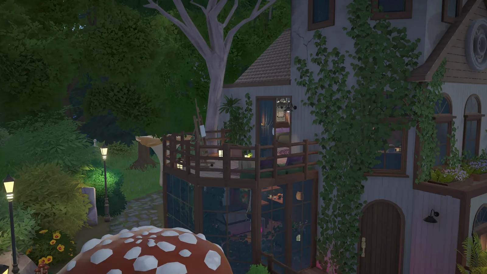 Paralives witch cottage at night with ivy walls, lit windows, a balcony easel and giant fly agaric mushrooms along the stone path Paralives witch cottage at night with ivy walls, lit windows, a balcony easel and giant fly agaric mushrooms along the stone path