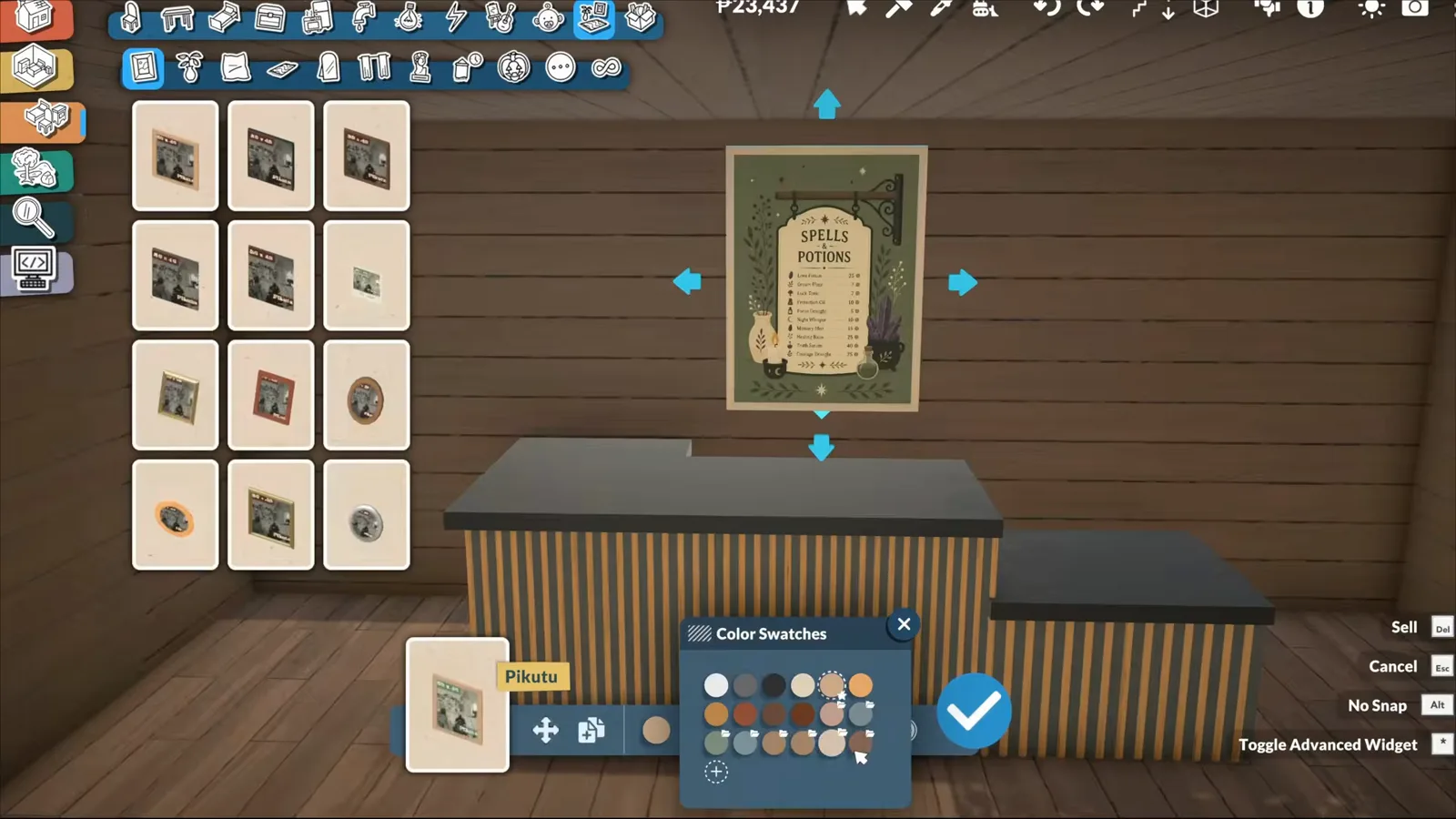 Spells and Potions menu sign being hung over a striped counter in a Paralives walkout-basement potion shop with Color Swatches open Spells and Potions menu sign being hung over a striped counter in a Paralives walkout-basement potion shop with Color Swatches open