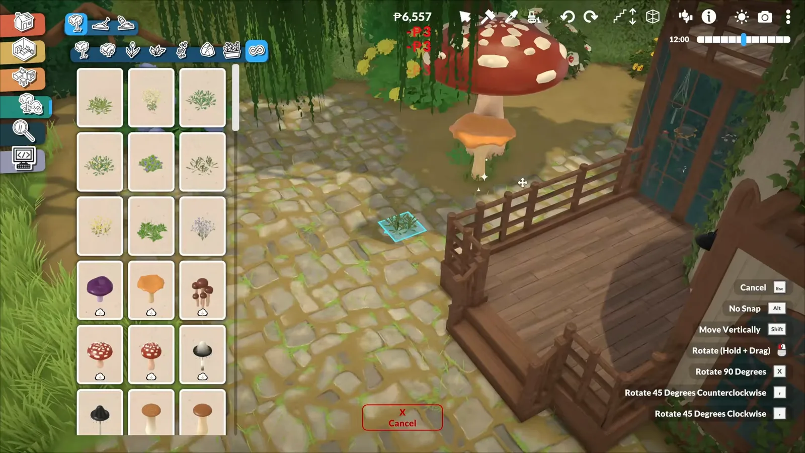 Oversized fly agaric mushrooms rising beside the stone path while the Paralives plant catalogue lists shrubs for the enchanted forest Oversized fly agaric mushrooms rising beside the stone path while the Paralives plant catalogue lists shrubs for the enchanted forest