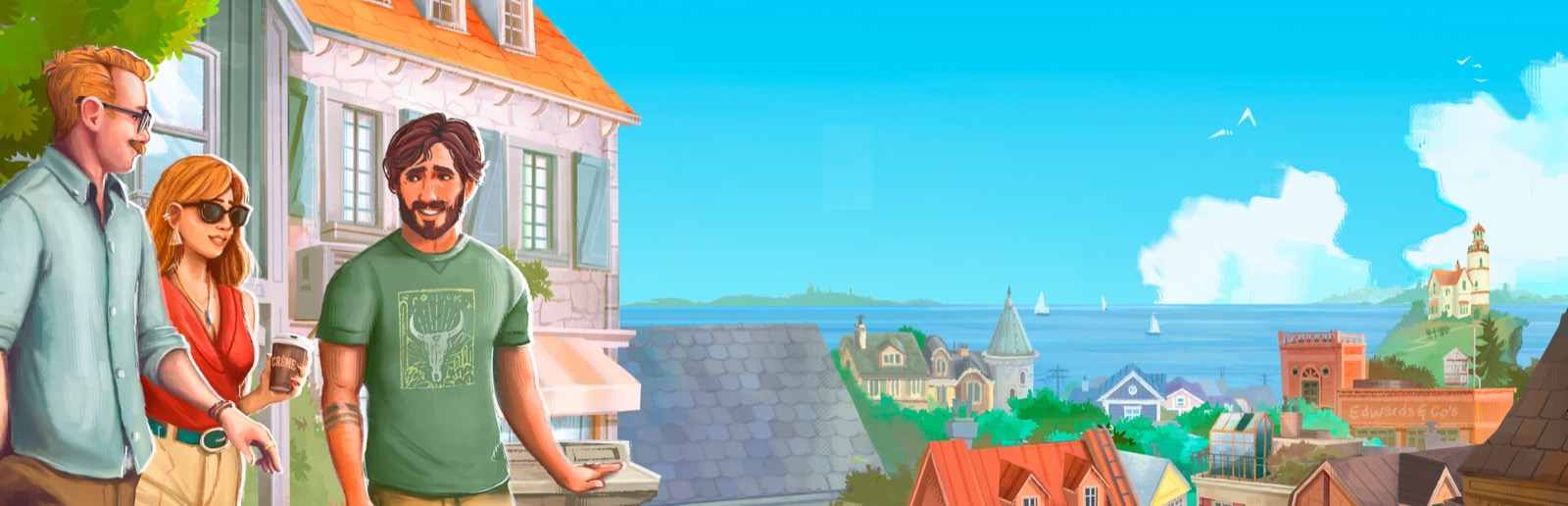 Official Paralives key art of three Paras talking on a Melino street, the old town and coastline behind them